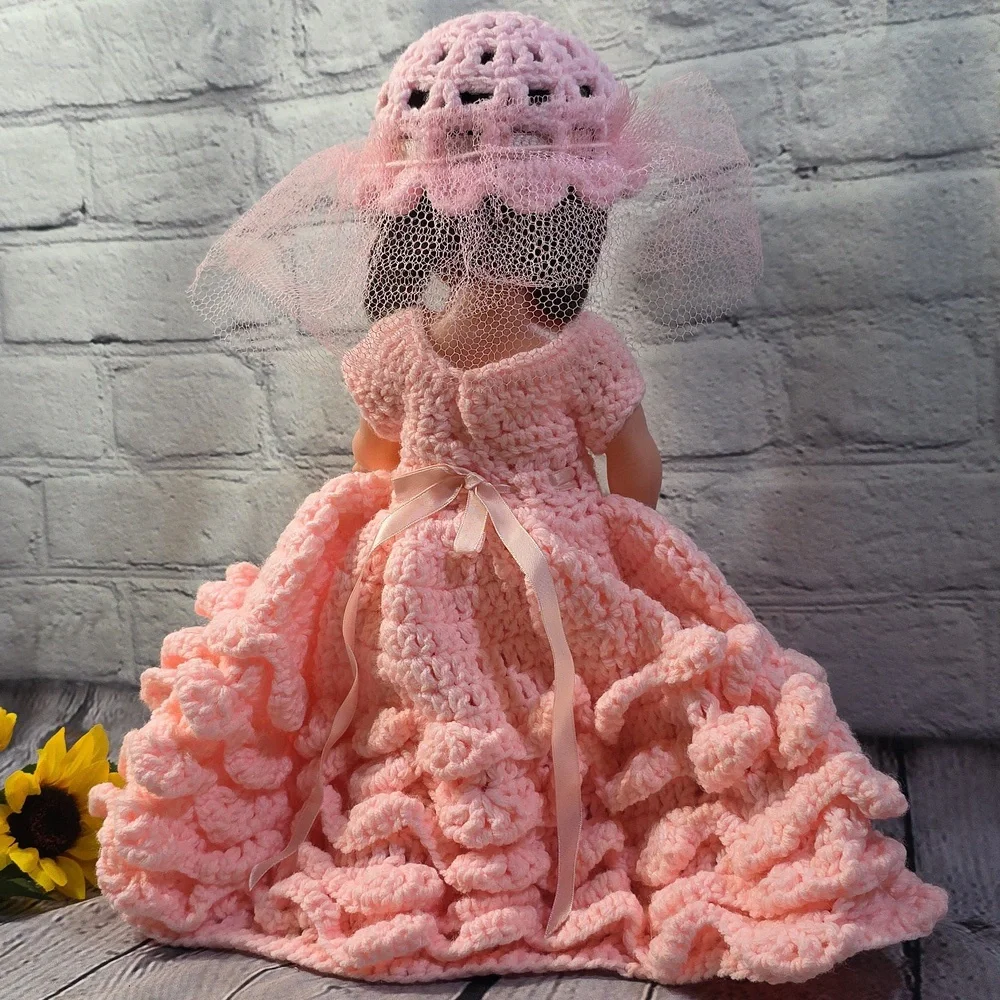 Vintage Angel Doll Brunette Crochet Dress and Accessories Pink 14